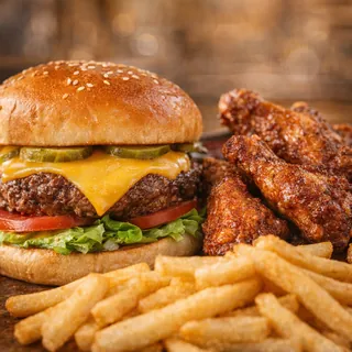 Burger, wings, and fries